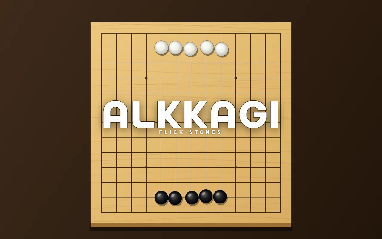 A wooden Go board with five white stones and five black stones facing each other and the title ALKKAGI in the middle