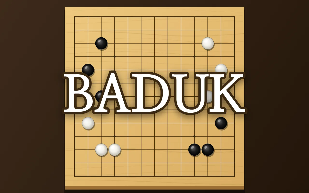 A wooden 13x13 Go board with a few black and white stones near the edges and the title BADUK in the middle