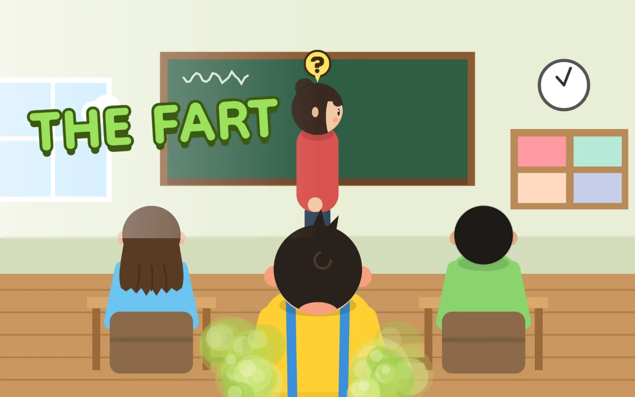 In a classroom a teacher with a question mark above her head starts to turn around from the blackboard while green fart clouds puff out beside a kid in yellow in the front row, with the title THE FART