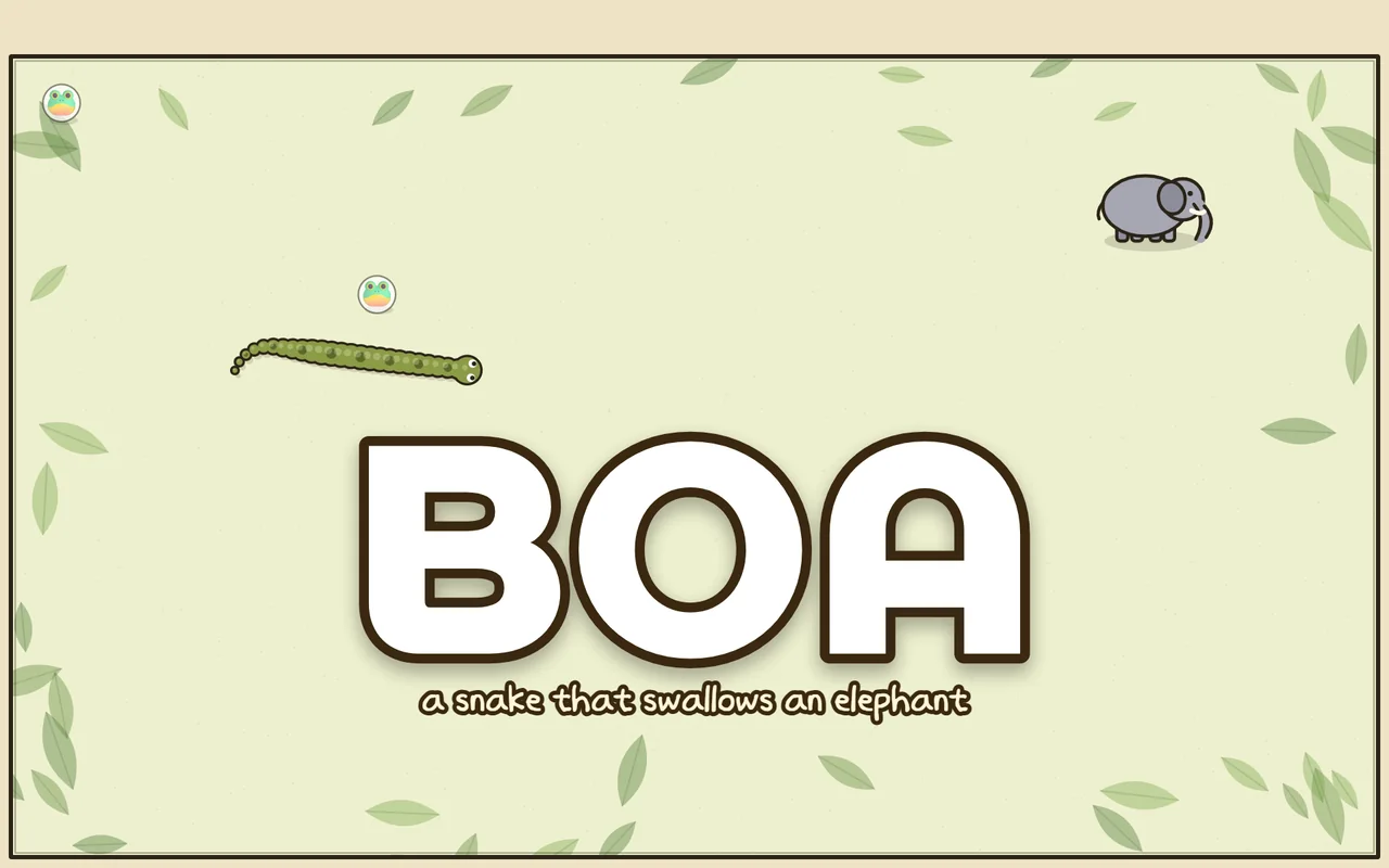 A pale green jungle floor scattered with leaves, a green boa snake crawling toward a frog, a grey elephant in the top right, and the title BOA in the middle