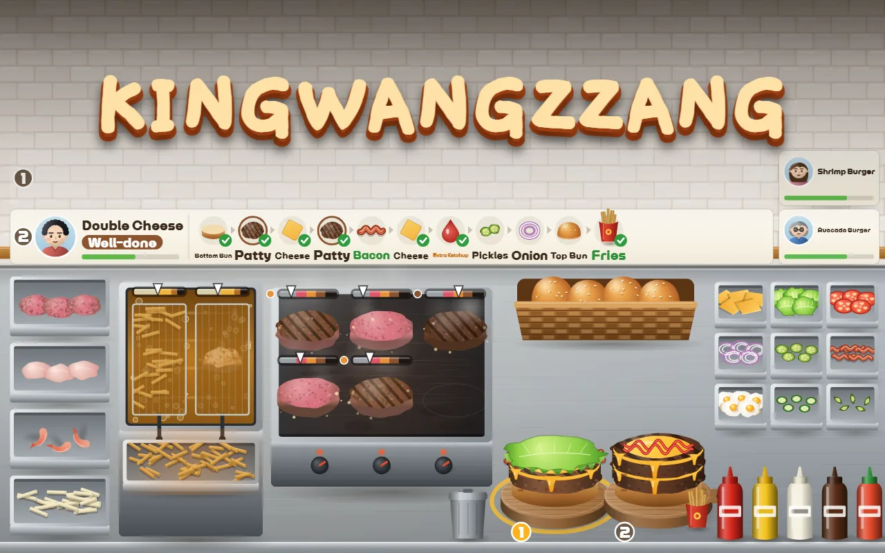 The title KINGWANGZZANG on a kitchen wall above an order row listing a double cheeseburger from bottom bun to fries, with five patties on the griddle, fries in the fryer and burgers stacking on two boards