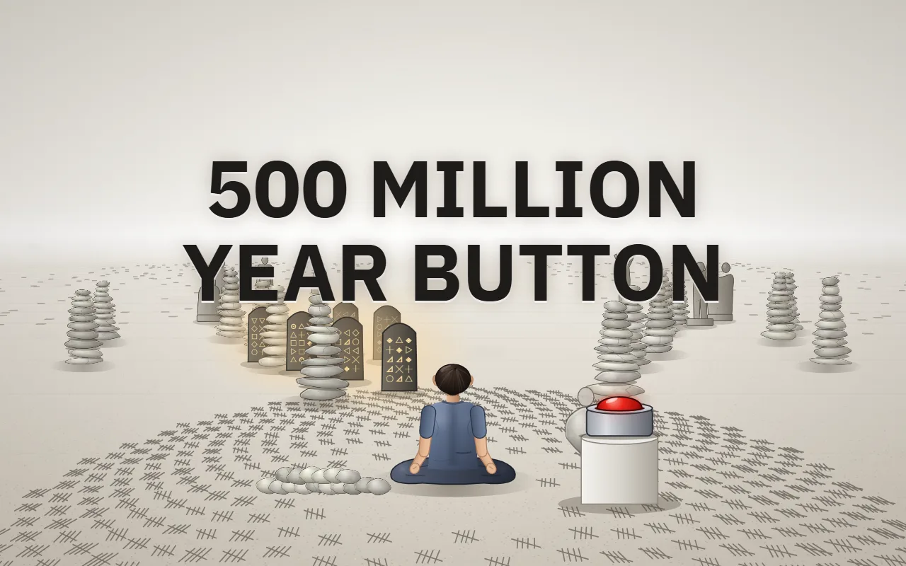 A white void floor covered in scratch marks, with stone towers, statues and carved tablets, a person seen from behind sitting cross-legged and a red button on a pedestal, under the title 500 Million Year Button
