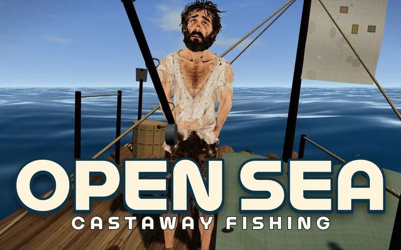A bearded man in torn clothes stands on a raft in the middle of a blue sea holding a fishing rod, with the title OPEN SEA below