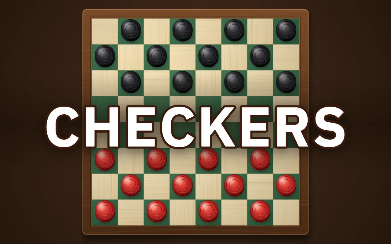 A wooden checkerboard with green and cream squares, 12 black pieces at the top and 12 red pieces at the bottom, and the title CHECKERS in the middle