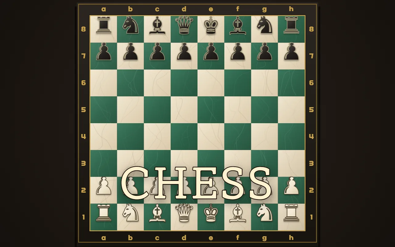 A cream and green marble chessboard with ivory and ebony pieces set up, brass coordinates on an ebony frame, and the title CHESS at the bottom
