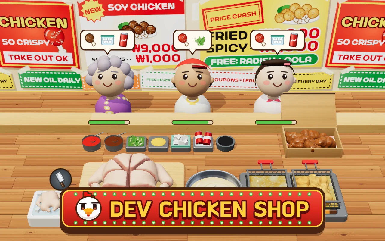 Three customers with order bubbles stand at the counter of a fried chicken shop at night, with a sliced raw chicken on the board, golden chicken in the fryer and soy chicken in a box. A DEV CHICKEN SHOP sign with a chicken mascot is at the bottom
