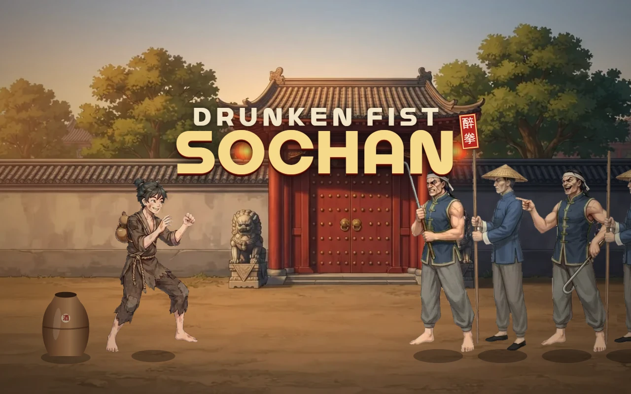 In front of a Chinese mansion gate, the ragged young fighter Sochan takes a fighting stance on the left while thugs line up on the right, under the title Drunken Fist Sochan with a red seal