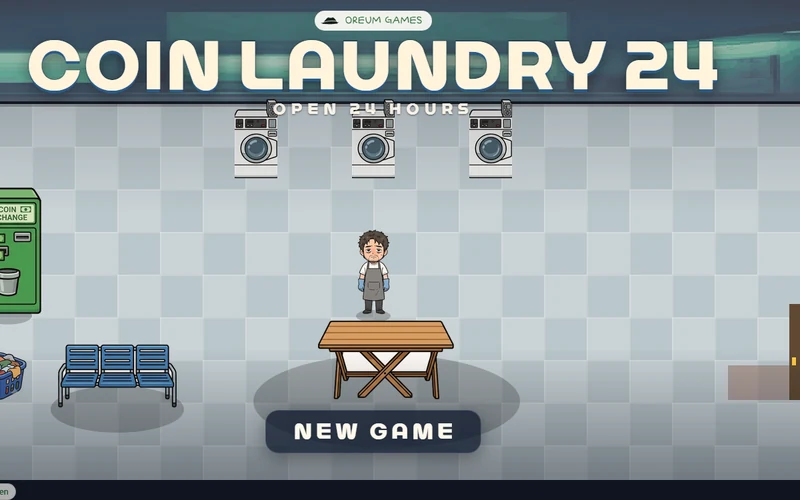 A night laundromat with tiled floor, three washers, a green coin changer and blue chairs, an aproned owner standing in the middle, under the title COIN LAUNDRY 24 and the line OPEN 24 HOURS