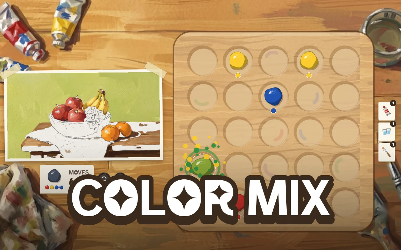Blue and yellow paint drops mixing into green with a splash on a wooden palette board, a half painted fruit bowl picture taped on the left, and the title COLOR MIX across the bottom
