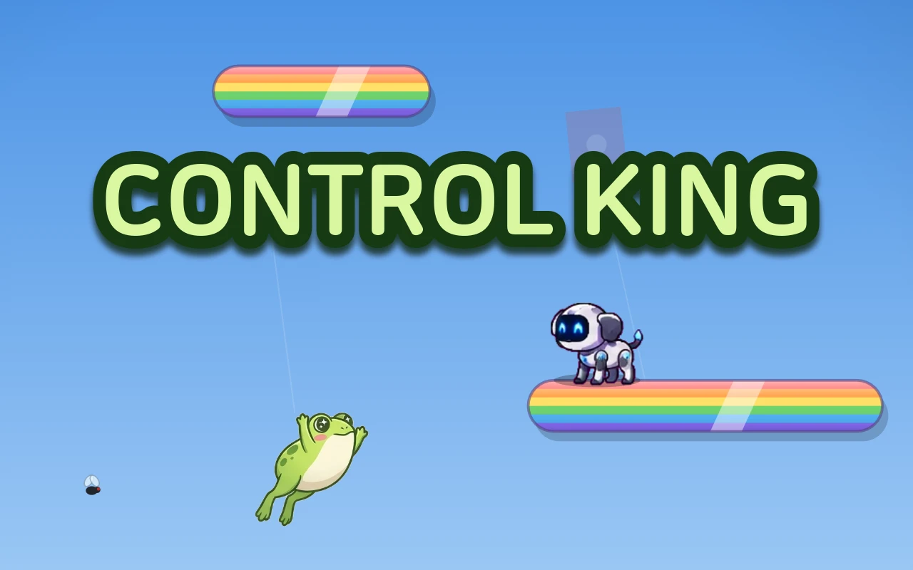 A frog leaps through a sky of floating rainbow ledges while a robo dog stands on a rainbow, under the title CONTROL KING