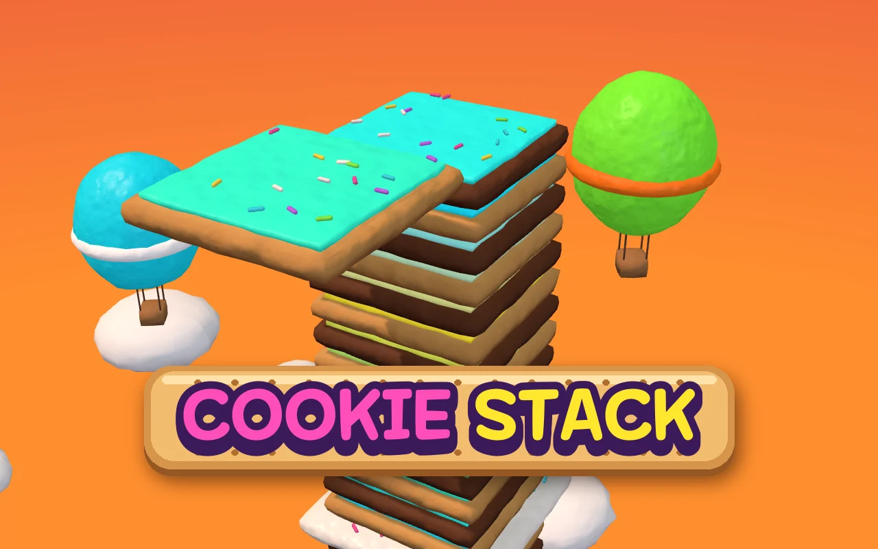 A tall tower of cookies with neon icing rising between hot air balloons in a sunset sky, with the COOKIE STACK title