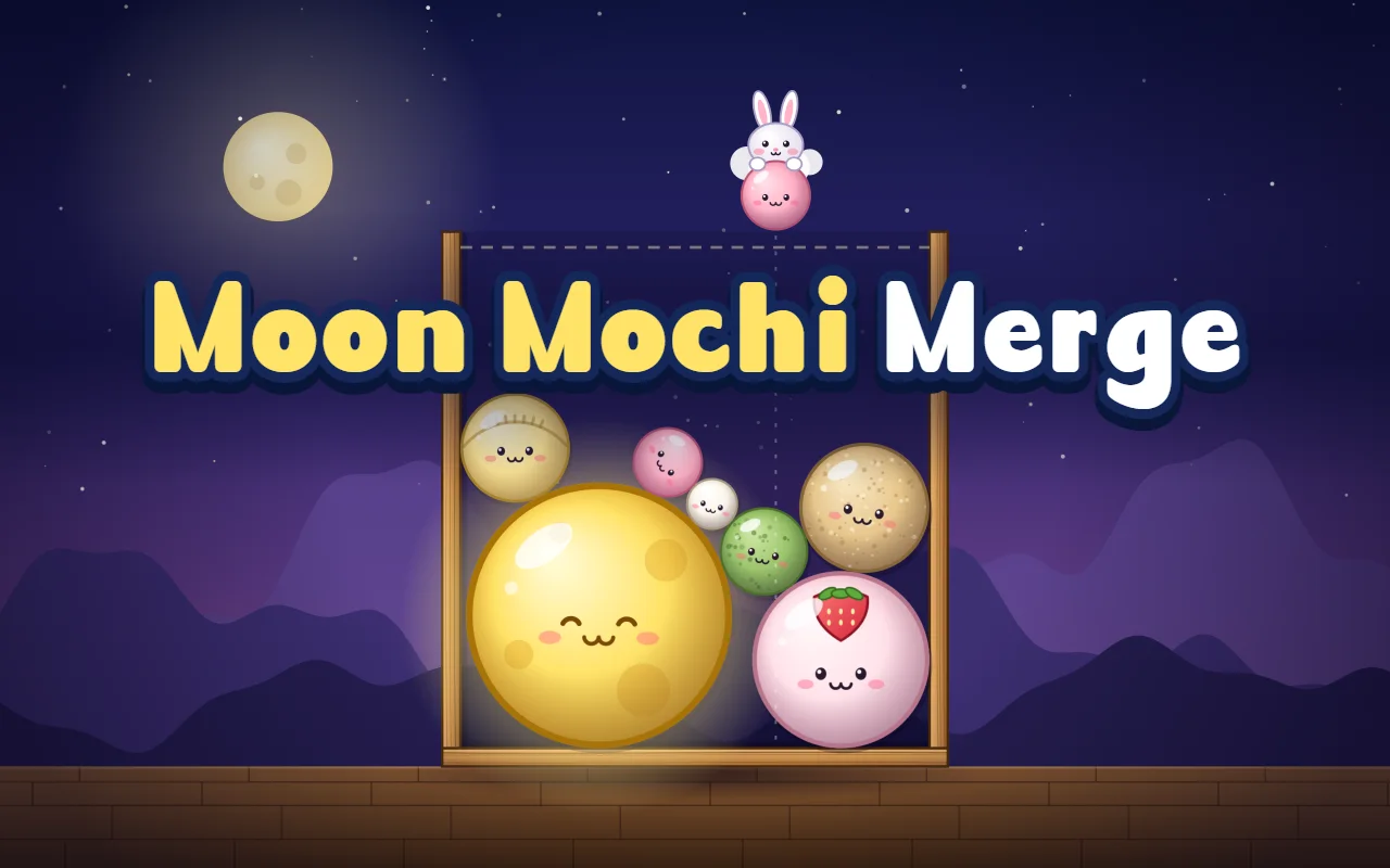 Under a night sky, a smiling full-moon rice cake, a strawberry mochi, injeolmi, mugwort cake and songpyeon are stacked in a wooden box while a moon rabbit on a cloud holds a pink honey cake. The title Moon Mochi Merge is across the middle