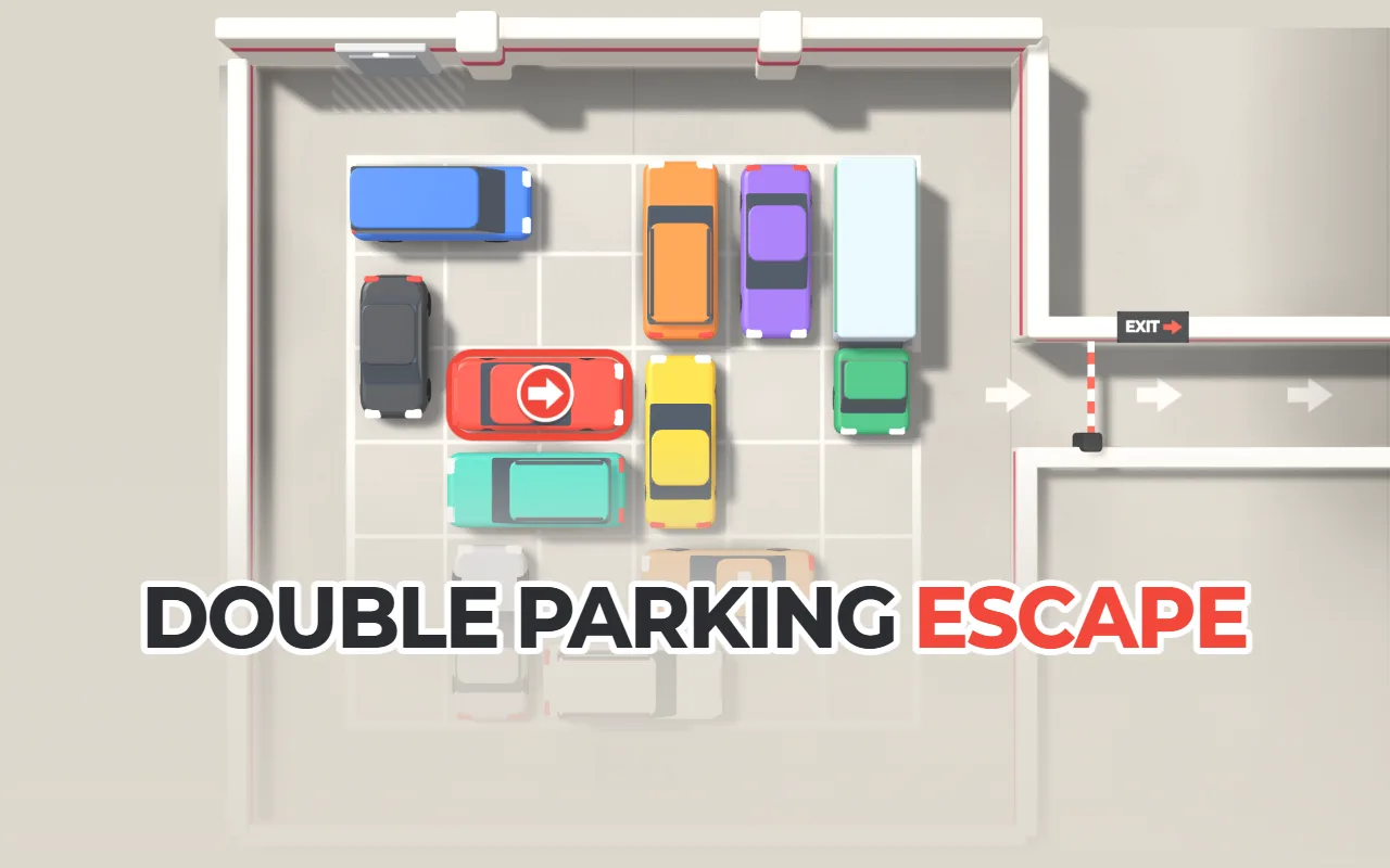 A top-down apartment garage packed with colorful cars, a red car marked with an arrow toward the exit, and the title Double Parking Escape across the bottom
