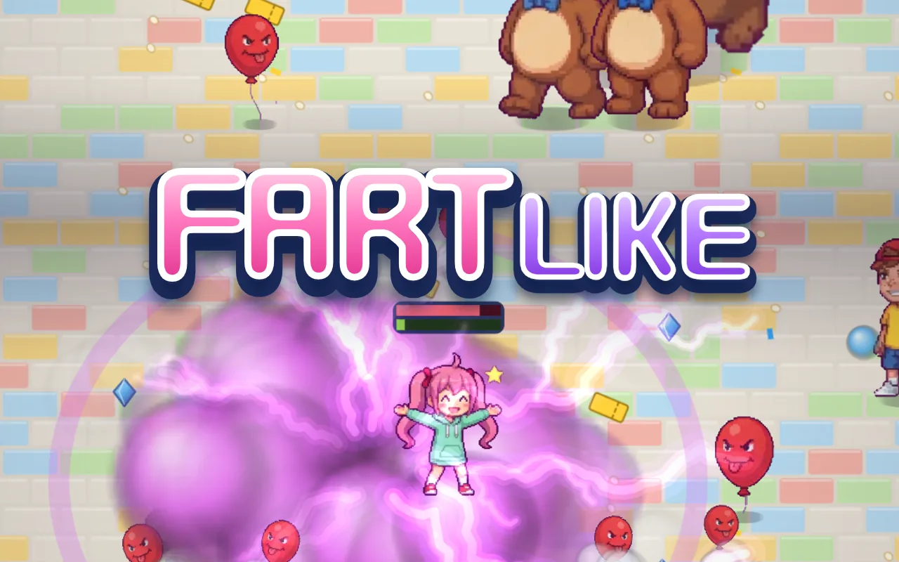 Purple lightning crackles around a pink-haired girl on a sauna floor as aunties and janitors close in, under the title FARTLIKE