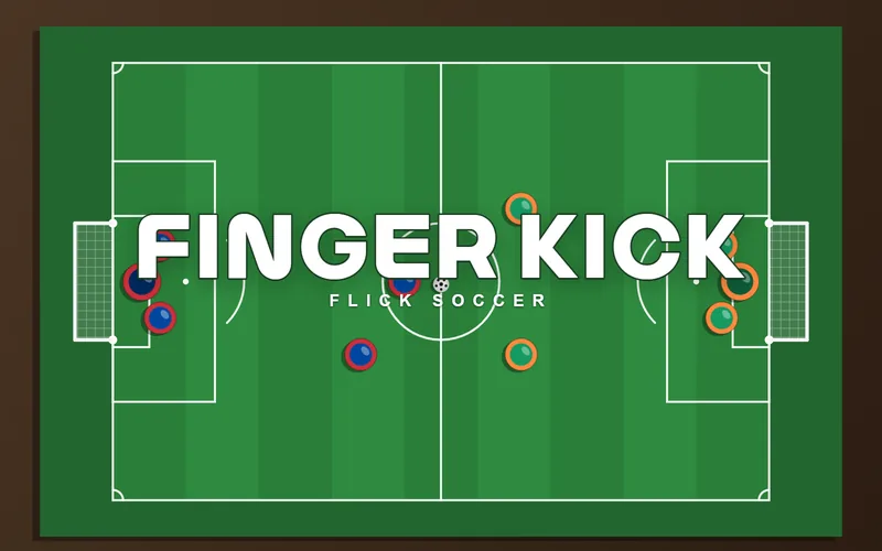 A green table-top soccer pitch with red and blue player discs and a ball, with the title FINGER KICK in the middle
