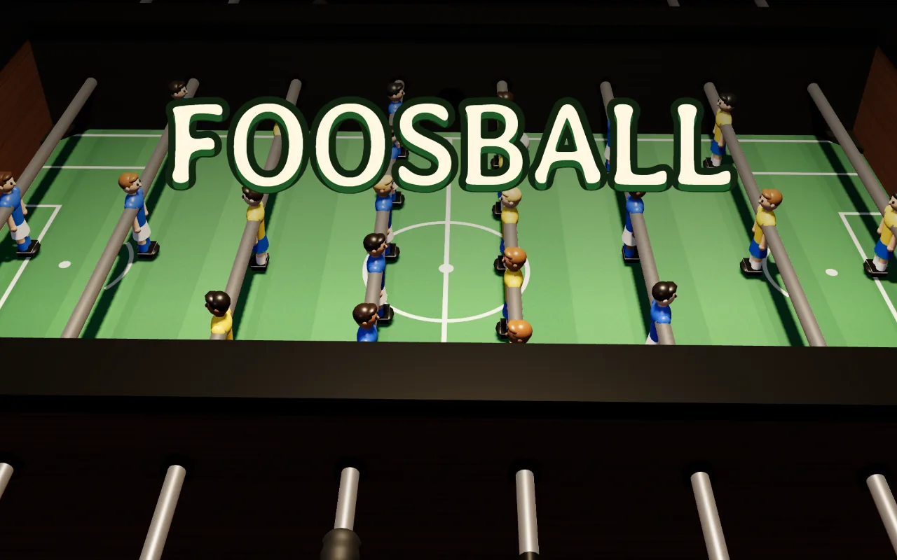 A green foosball table seen from an angle under a pub lamp, with blue and yellow men on silver rods and a white ball in the middle, under the title FOOSBALL
