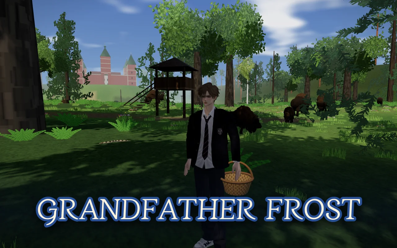 The boy with a basket in front of a watchtower in the old forest, bison and Mir Castle behind him, under the title GRANDFATHER FROST