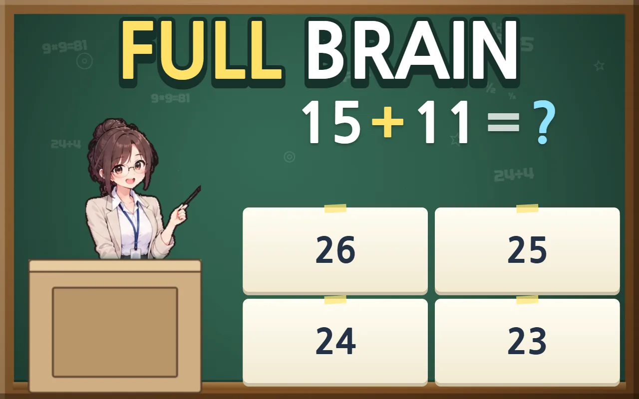 A teacher with glasses points a stick at an arithmetic problem on a green chalkboard, with four answer cards below, under the title FULL BRAIN