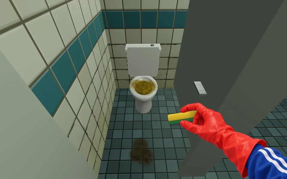 A red rubber-gloved hand holding a sponge in front of a clogged toilet and floor stains inside a restroom stall