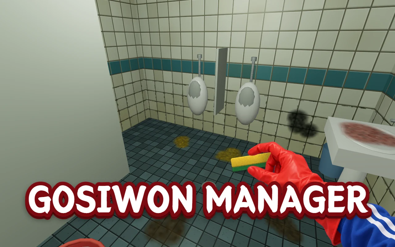 A red rubber-gloved hand holding a sponge in a dorm men's restroom with stains on the floor and walls, under the title GOSIWON MANAGER