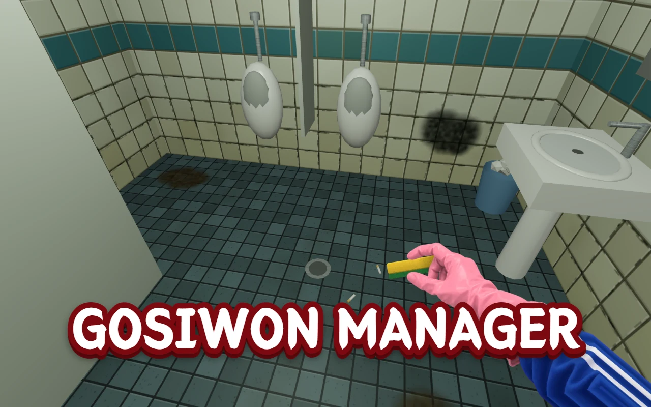 A red rubber-gloved hand holding a sponge in a dorm men's restroom with stains on the floor and walls, under the title GOSIWON MANAGER