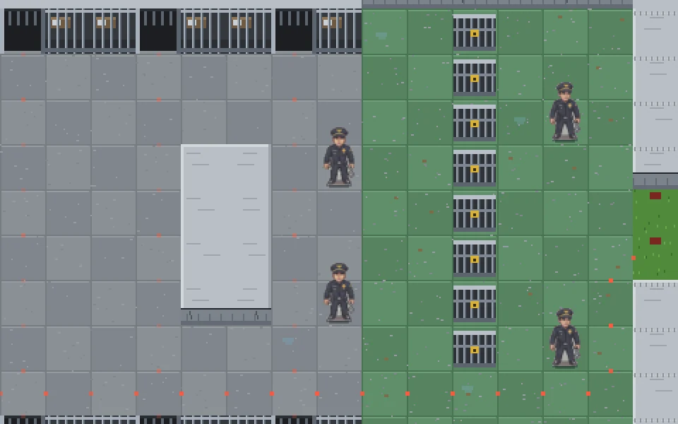 Pixel art of a cell block corridor with a column of iron doors and four guards, the route the inmates will take marked with red dots on the floor