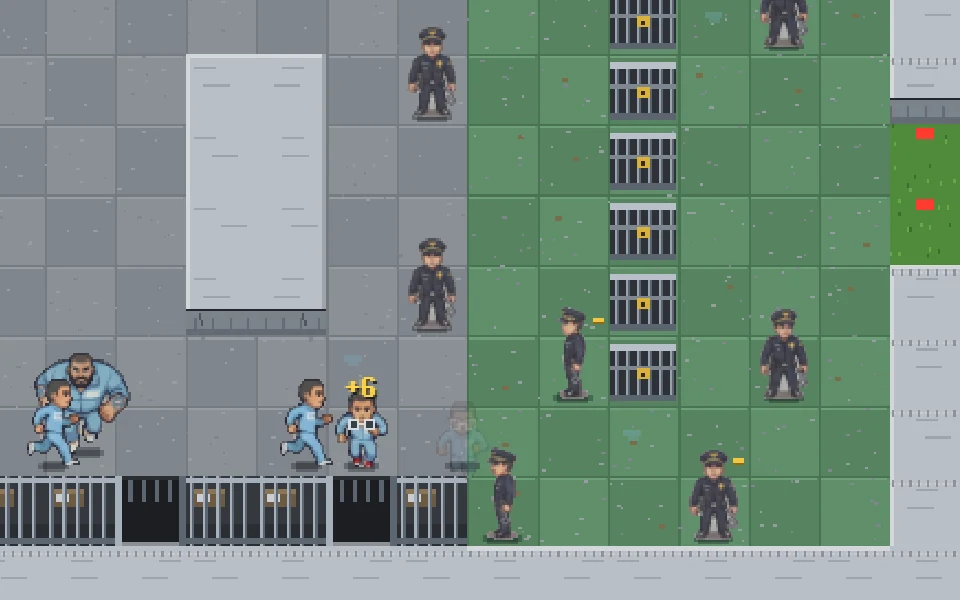 Inmates in light blue uniforms going around the iron doors while a guard cuffs one and +6 coins pop over his head