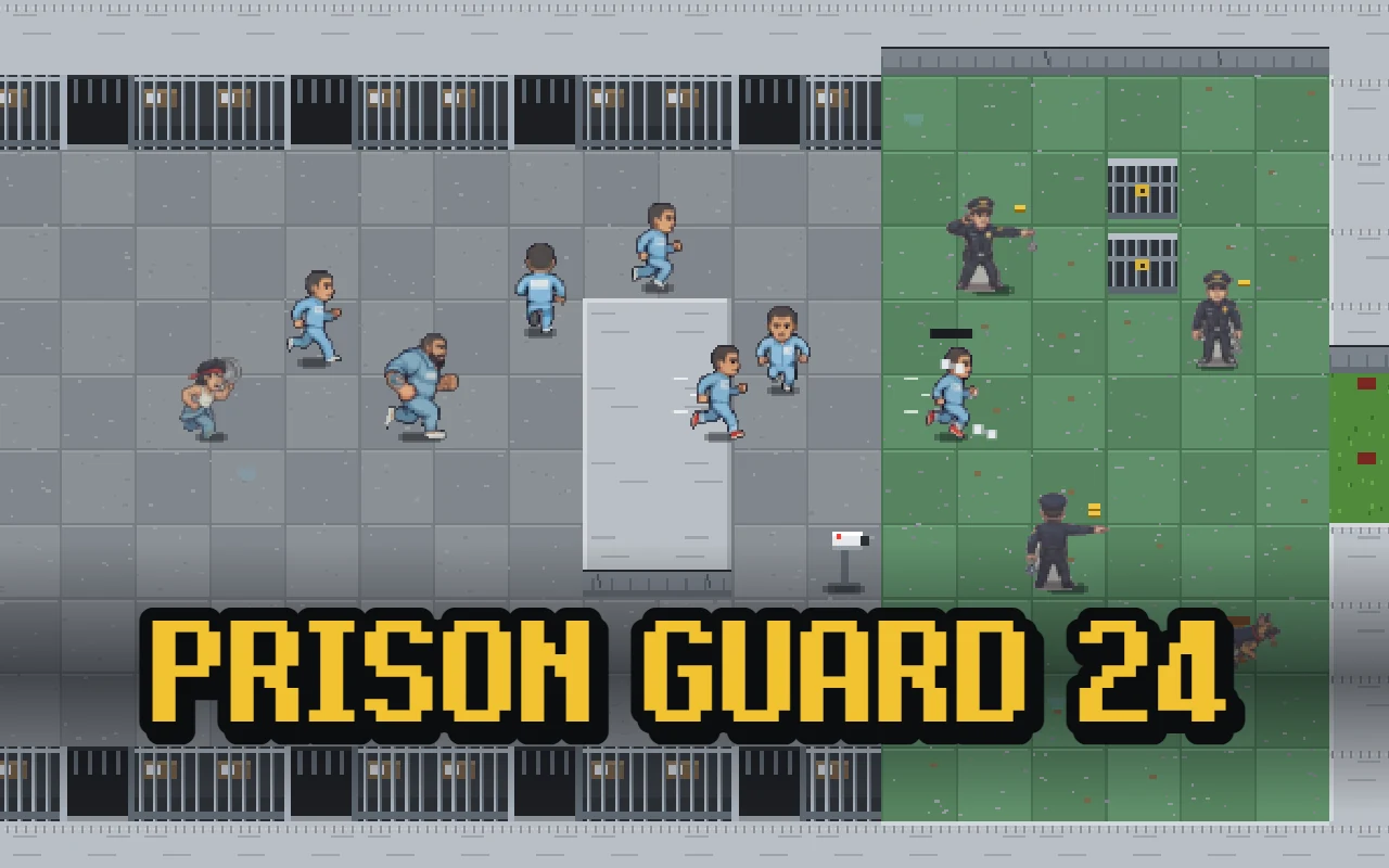 Pixel art of inmates in light blue uniforms running for the wall in a cell block while guards in navy uniforms throw handcuffs, under the title PRISON GUARD 24