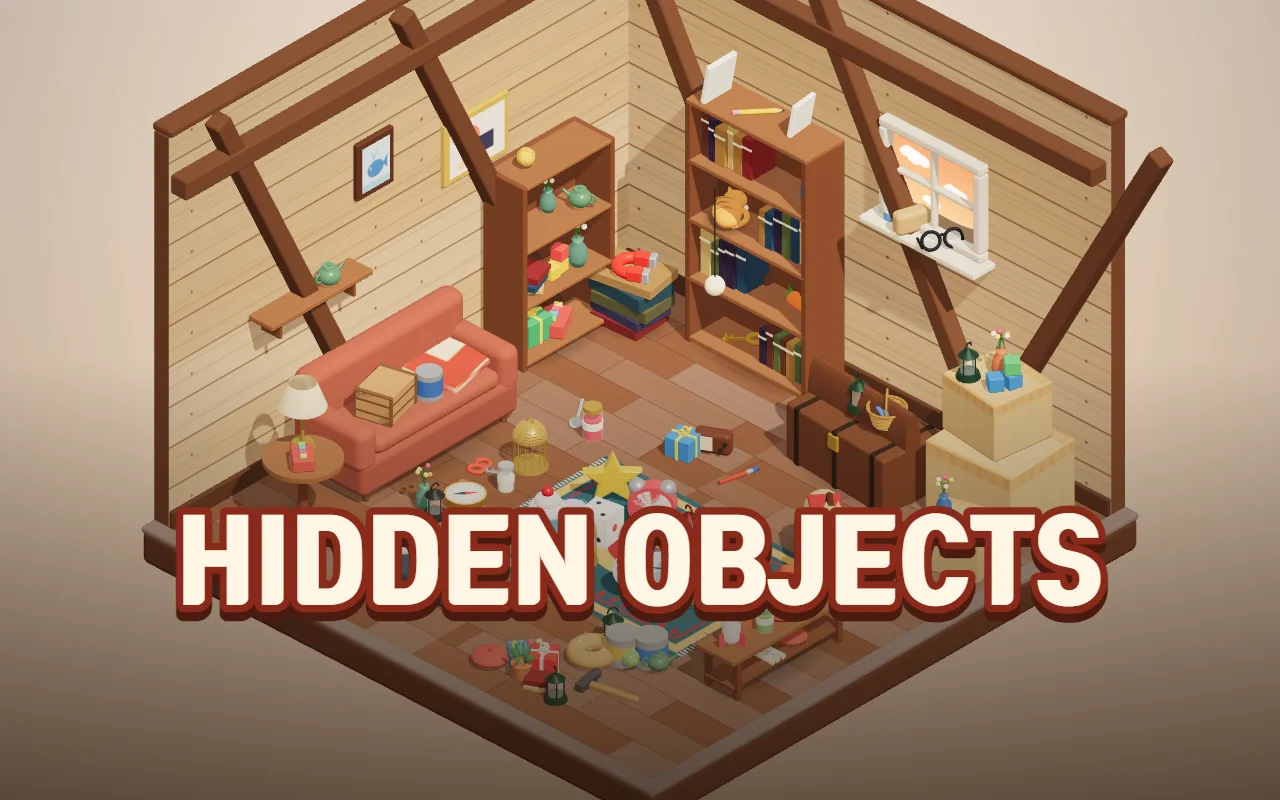 A 3D attic packed with a bookcase, a sofa, an old trunk, a rocking horse and clutter, with the title Hidden Objects across the bottom
