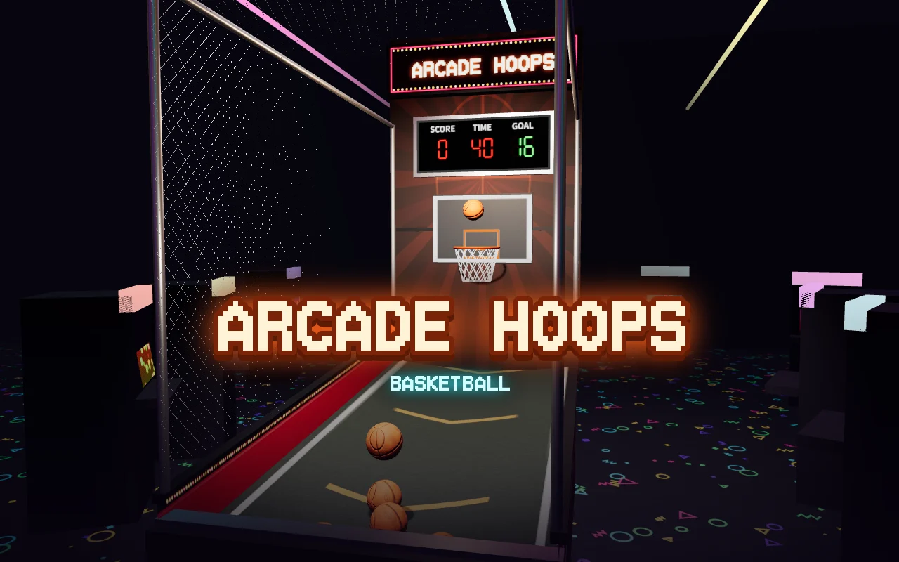 A basketball arcade machine in a dark arcade, a ball dropping toward the hoop and balls on the ramp, with the title ARCADE HOOPS glowing orange in the middle