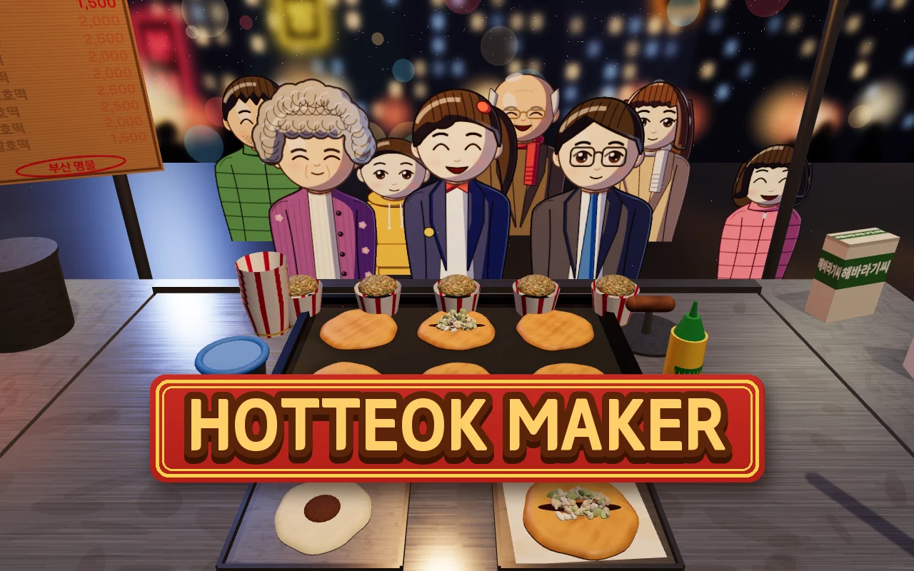 A hotteok street stall on a snowy night with golden pancakes on the griddle, paper cups full of seeds, a line of customers and the HOTTEOK MAKER title