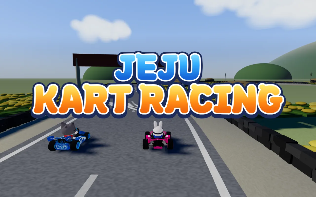 A cat in a blue kart and a bunny in a pink kart wait at the start line on a road through yellow canola fields on Jeju, under the title JEJU KART RACING