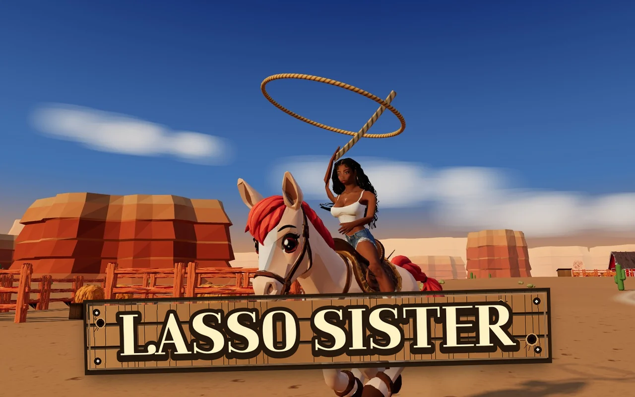 On a plain below red mesas Hella rides a white pony with her lasso spinning overhead, under a wooden sign reading LASSO SISTER