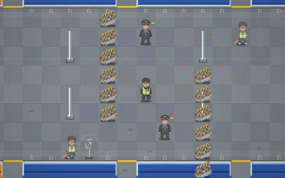 Pixel art of a subway car before departure with two rows of barriers on the floor and station staff, security and social workers guarding the path