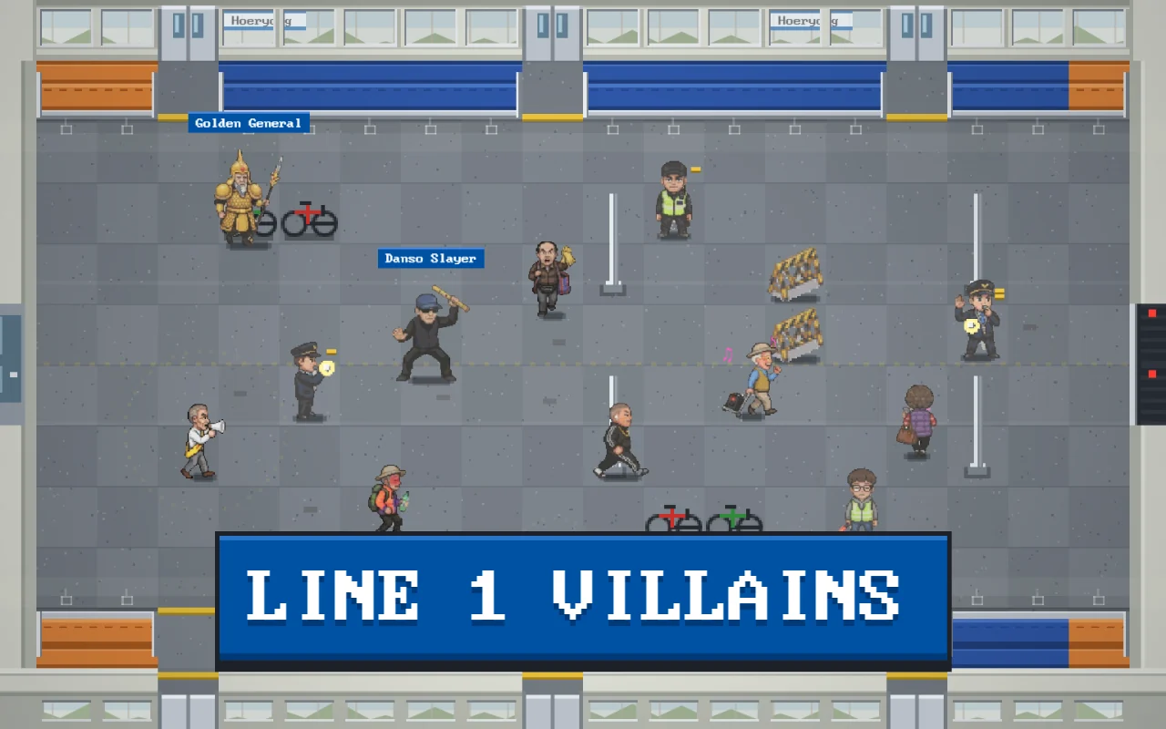 Pixel art of station staff and security stopping villains like the Danso Slayer, the Golden General and the Street Preacher inside a Line 1 subway car, under the title LINE 1 VILLAINS