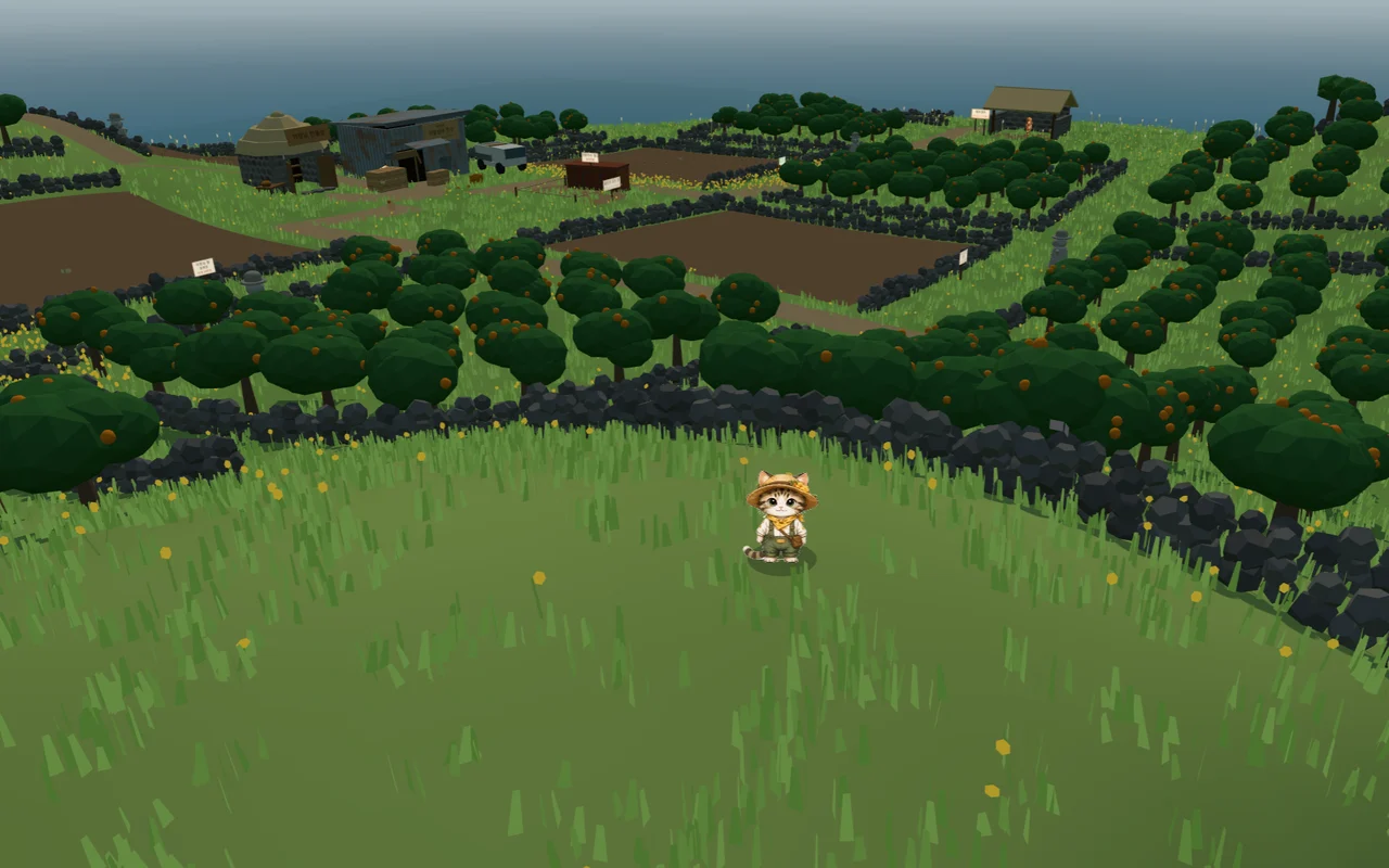 Lulu in a straw hat standing in a meadow, with tangerine groves, stone walls and the sea behind