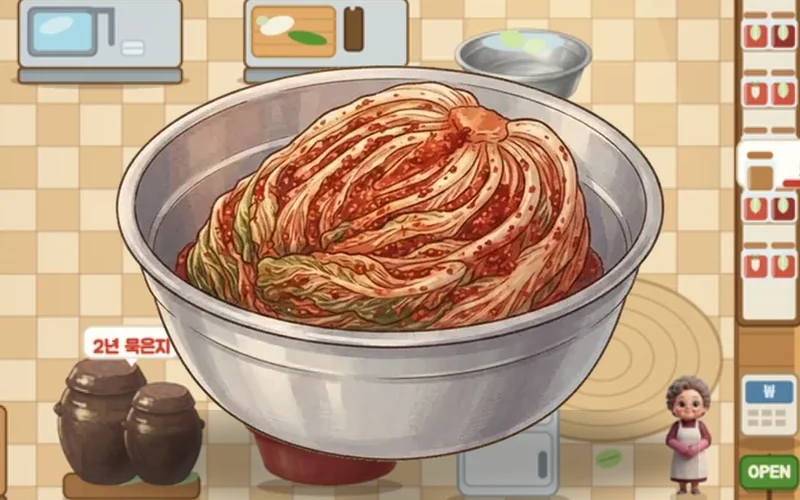 Making Kimchi result screen — the grandma stands beside a stainless basin of cabbage kimchi under a card reading 36 jars, prep score 81, $15 a jar