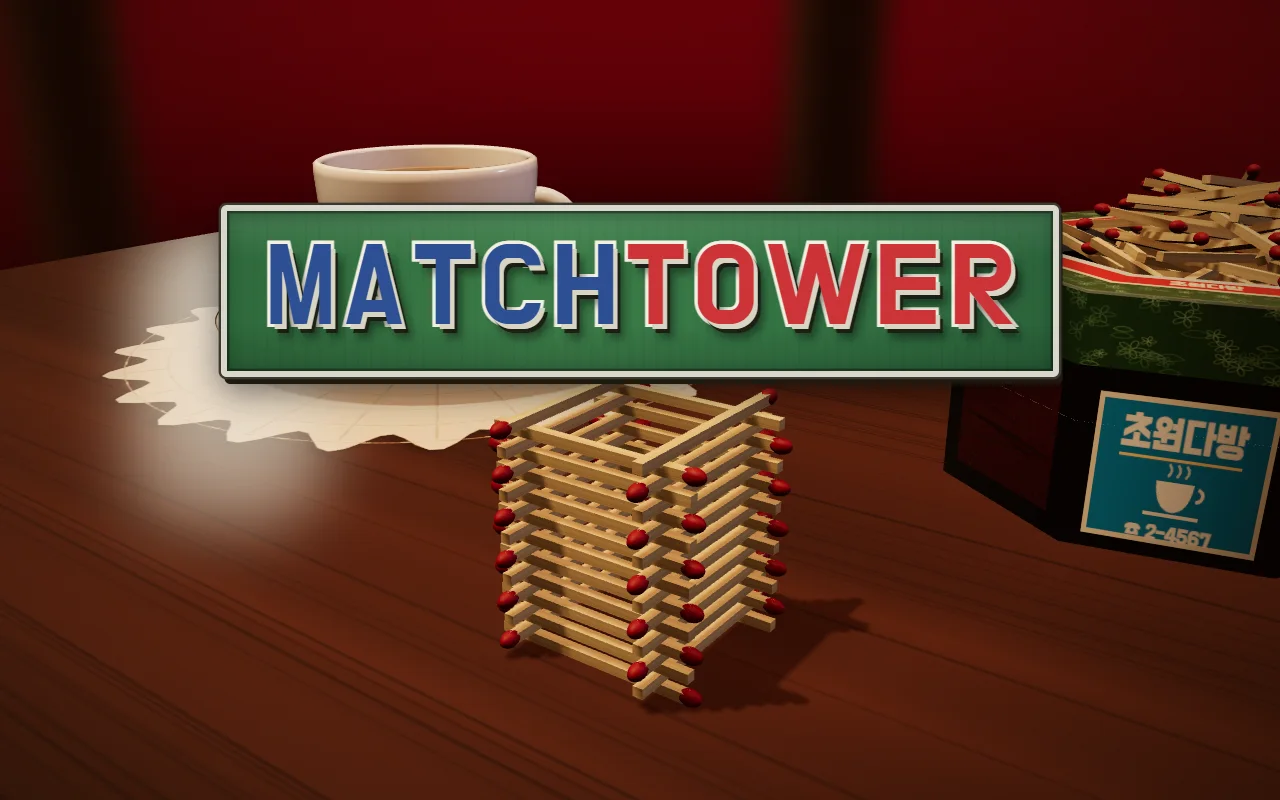 A matchstick tower stands between a coffee cup and an octagonal match tin on a coffee house table, under a green sign reading MATCHTOWER