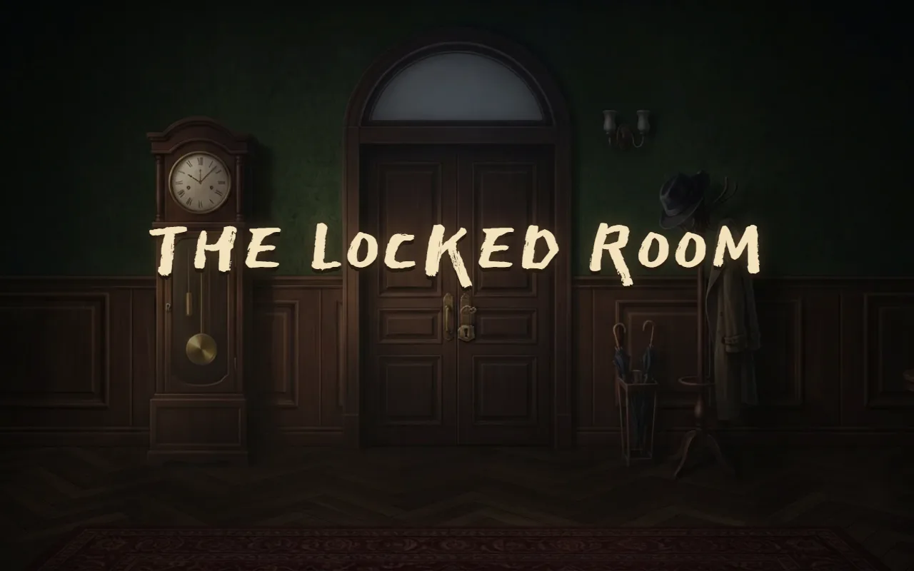 A dark mansion hallway with a grandfather clock, a closed double door, a coat stand and an umbrella stand, with THE LOCKED ROOM brushed across it