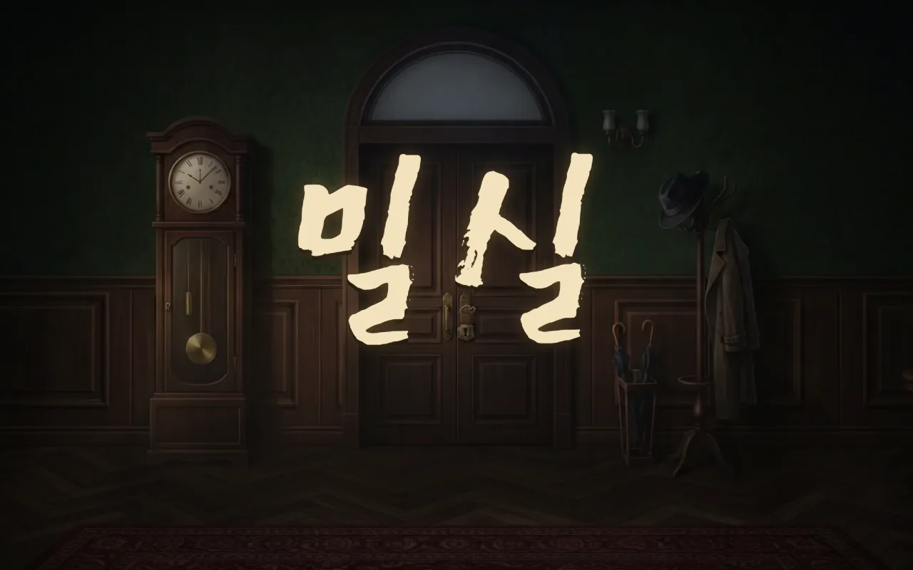 어두운 저택 현관에 괘종시계와 닫힌 두 짝 문, 코트 걸이와 우산꽂이가 있고 그 위에 붓글씨로 밀실 제목이 쓰여 있다