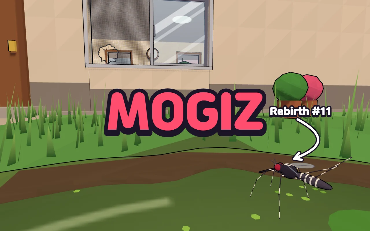 A newborn mosquito over a swamp in the grass with a curved arrow labeled Rebirth #11, the MOGIZ title in the middle and a torn window screen behind