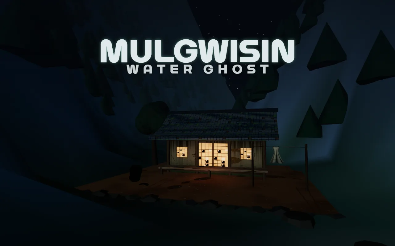 A thatched house with glowing paper doors beside a river valley at night, a white dress hanging on the clothesline, under the title MULGWISIN and the words WATER GHOST