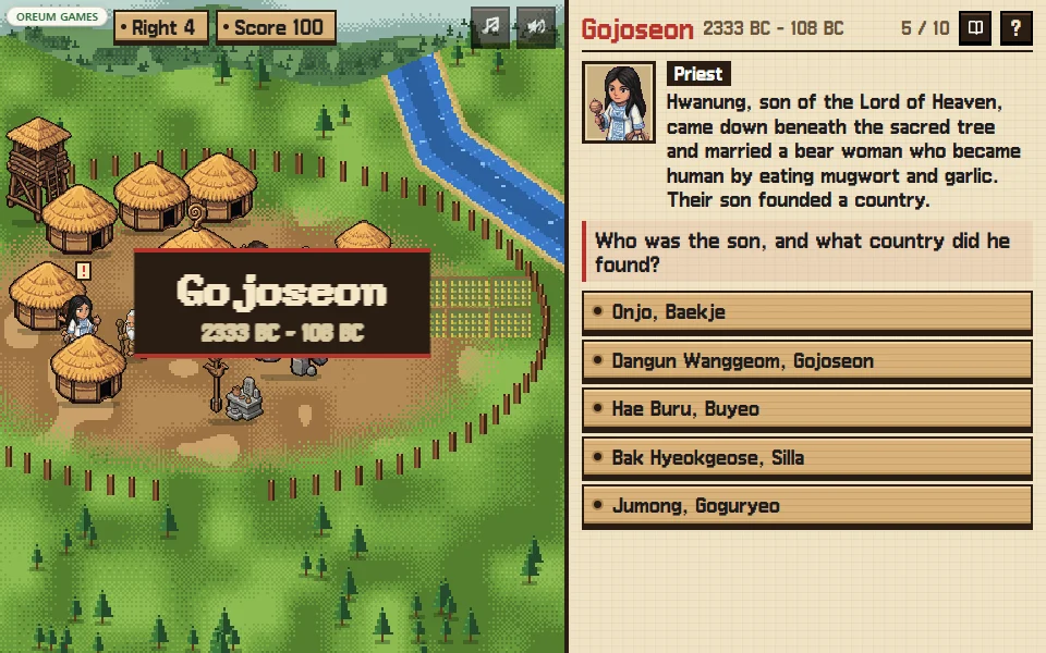 A Gojoseon village on the pixel map, with a priest telling the Dangun story and five choices on the hanji sheet