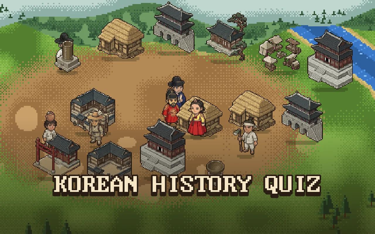 A pixel art Joseon village map with a palace and people, under the title KOREAN HISTORY QUIZ