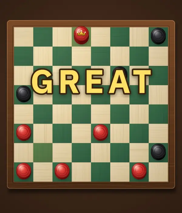 One red piece jumps three black pieces in a single turn and becomes a king, and GREAT appears
