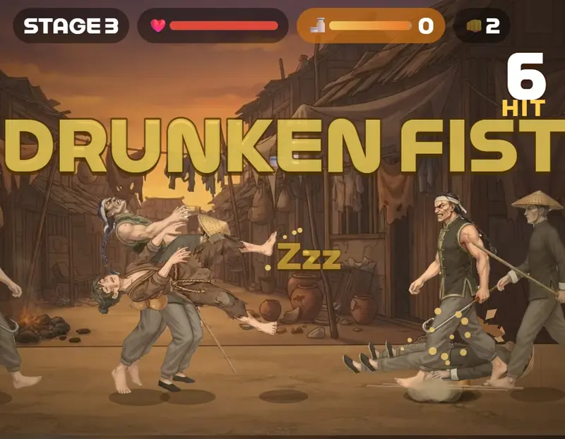 Sochan in drunken fist mode, floating on his back and knocking thugs away on the market street stage