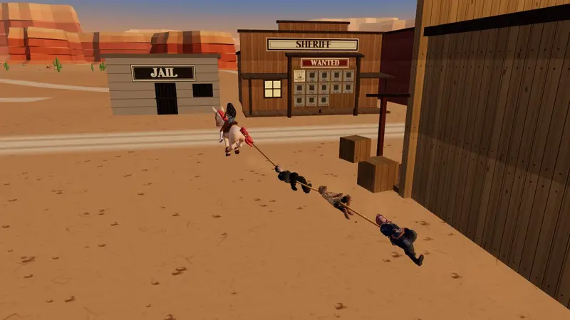 The heroine on horseback drags three outlaws tied in a row toward the jail
