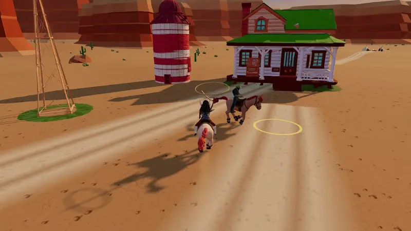 The heroine swings her lasso while chasing an outlaw on horseback, a yellow ring on the ground showing where it will land