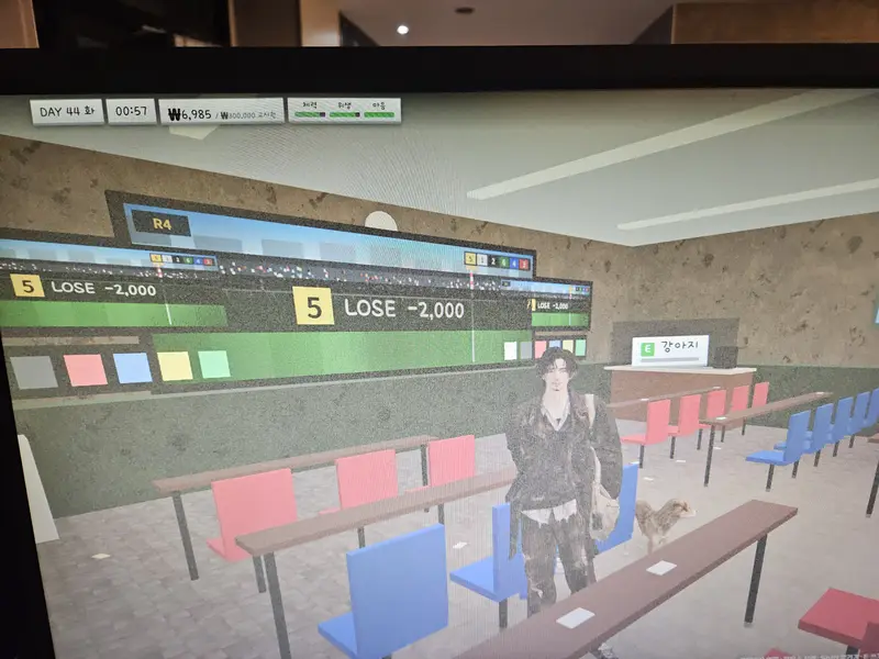 The big screen in the betting parlor showing horse 5 LOSE minus 2,000 with the hero and the dog standing in front of it