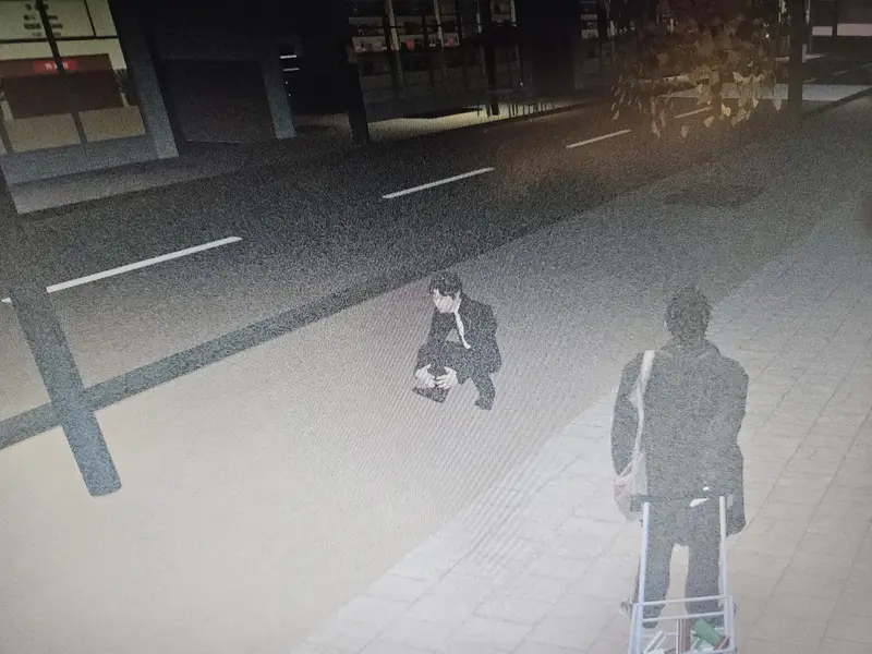 A man in a suit squatting in the middle of a sidewalk at night while the hero walks past pulling a cart